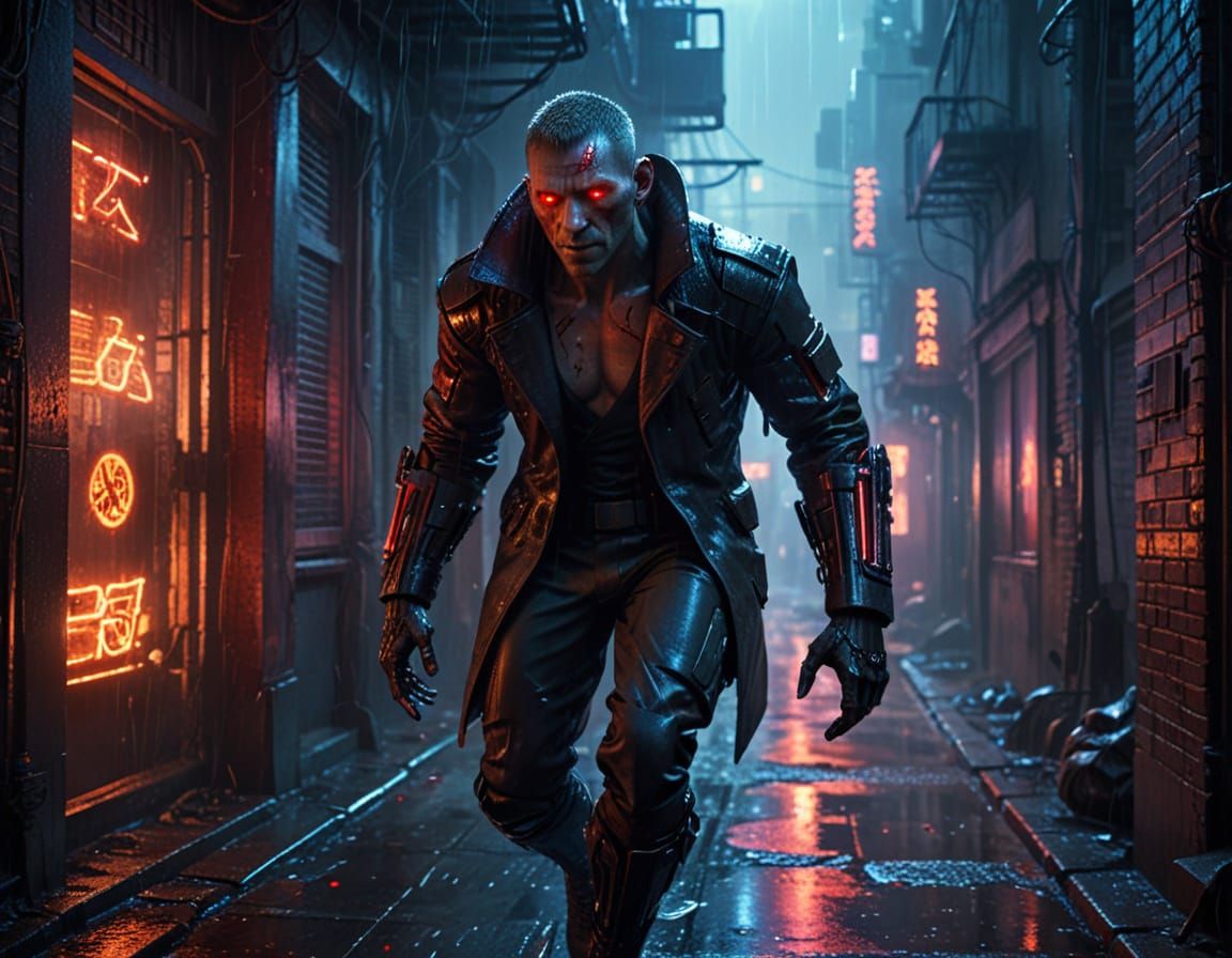 Cyberpunk Vampire in Neon Alleyway Concept Art