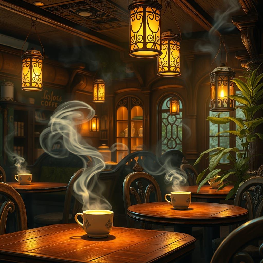 Ethereal Coffee Shop with Magical Runes and Floating Lantern...