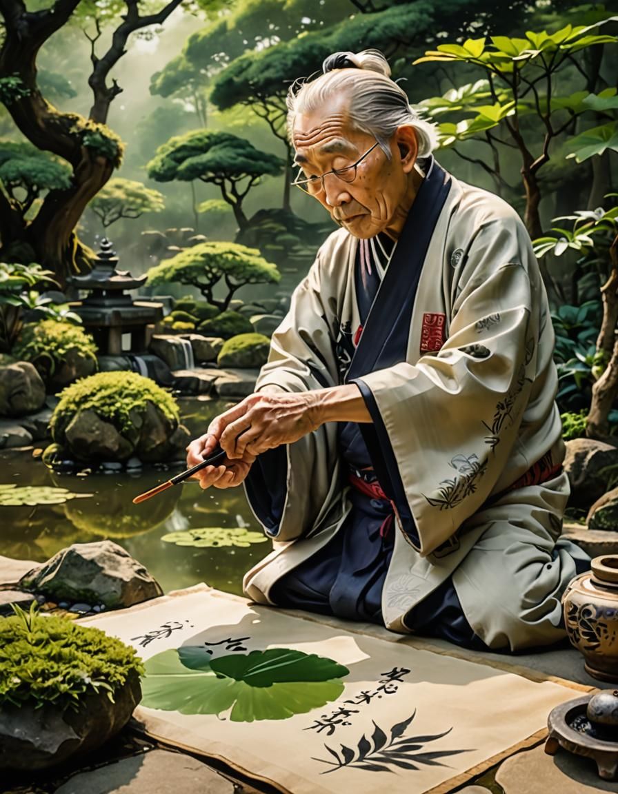 Serene Japanese Calligraphy Master in a Tranquil Garden