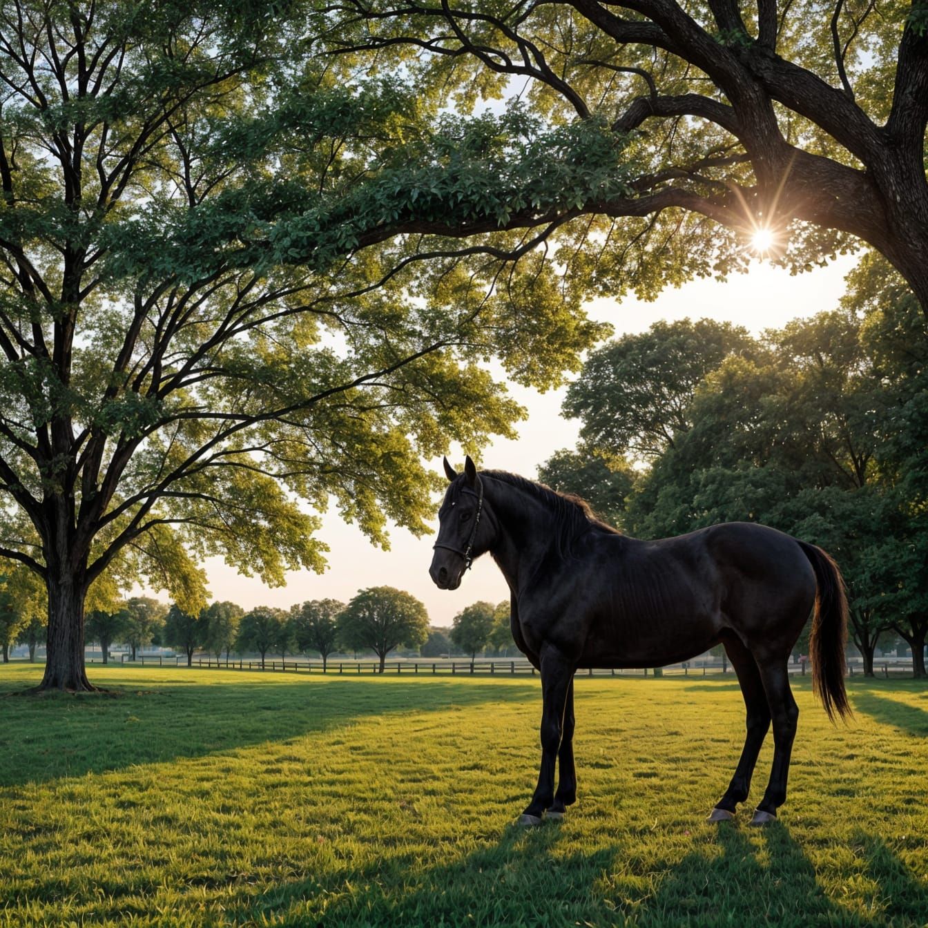 Majestic Black Stallion Adorns Serene Park Landscape at Suns...