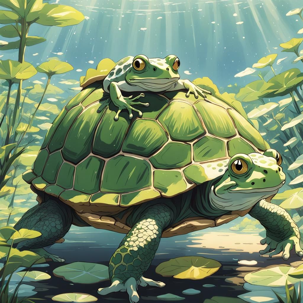 Happy Frog and Tortoise in Ghibli Style