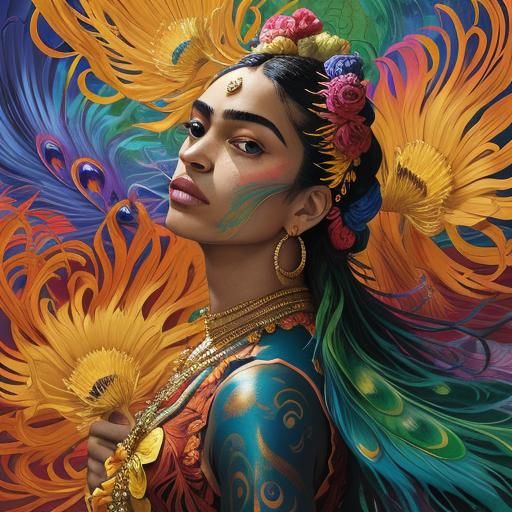 Dragon Peacock Goddess in Vibrant Abstract Expressionism