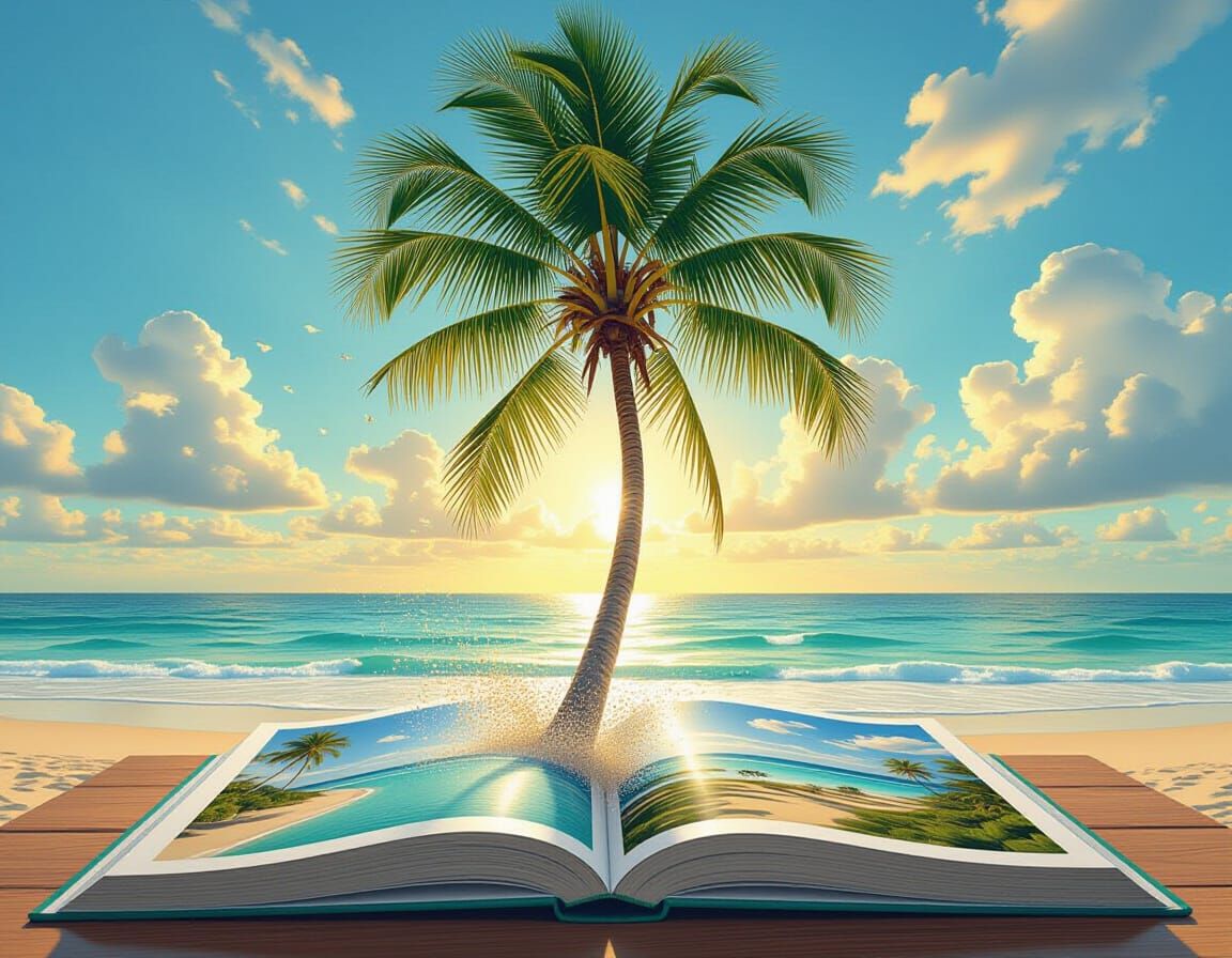 Palm Tree Emerges from Book in Digital Art Style
