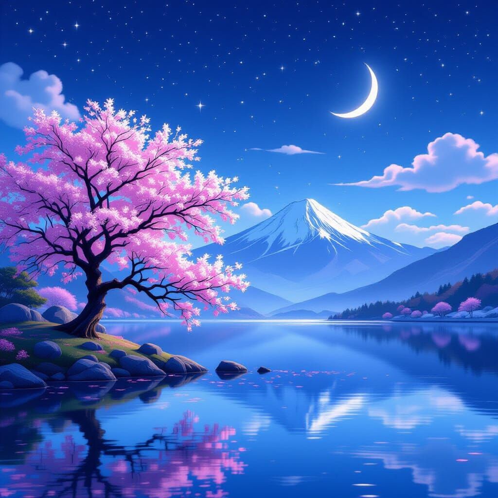Majestic Cherry Blossom Tree by Reflective Lake Under Starli...