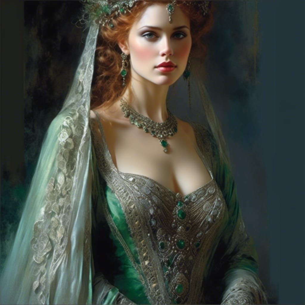 Hyperrealistic Portrait of the Grey Lady with Intense Green....