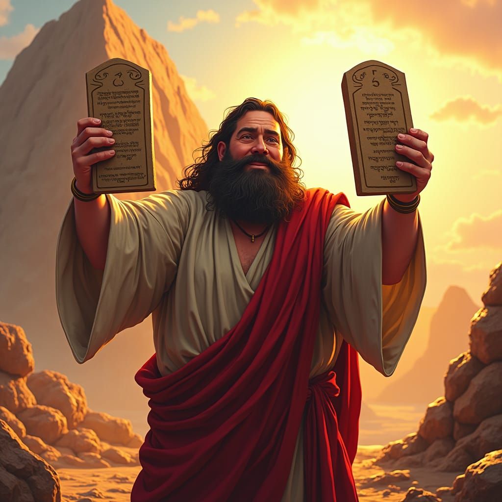 Fat Moses in Futuristic Nostalgia, Holding Tablets with Hebr...