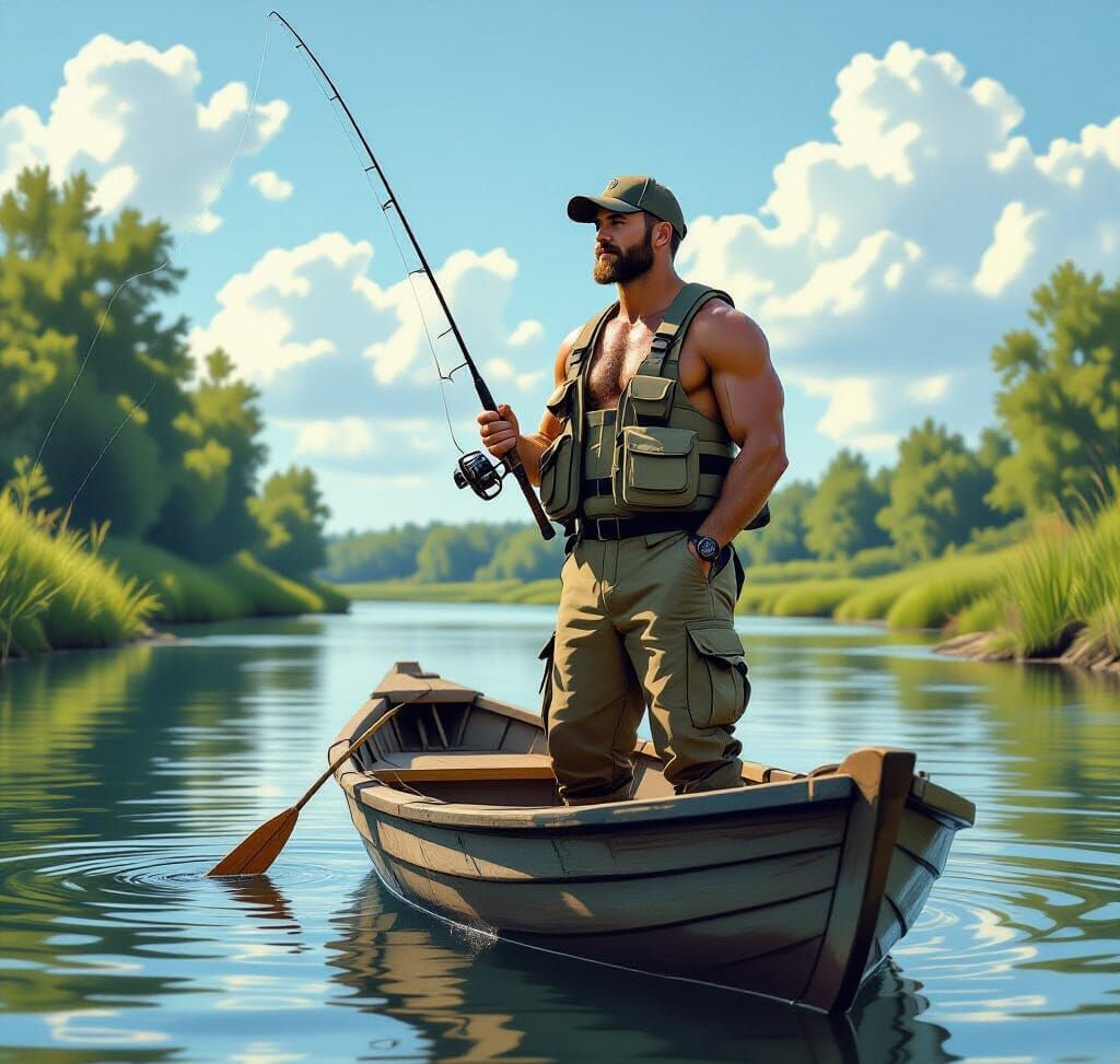 Muscular Man Fishing in Tranquil River on Sunny Day
