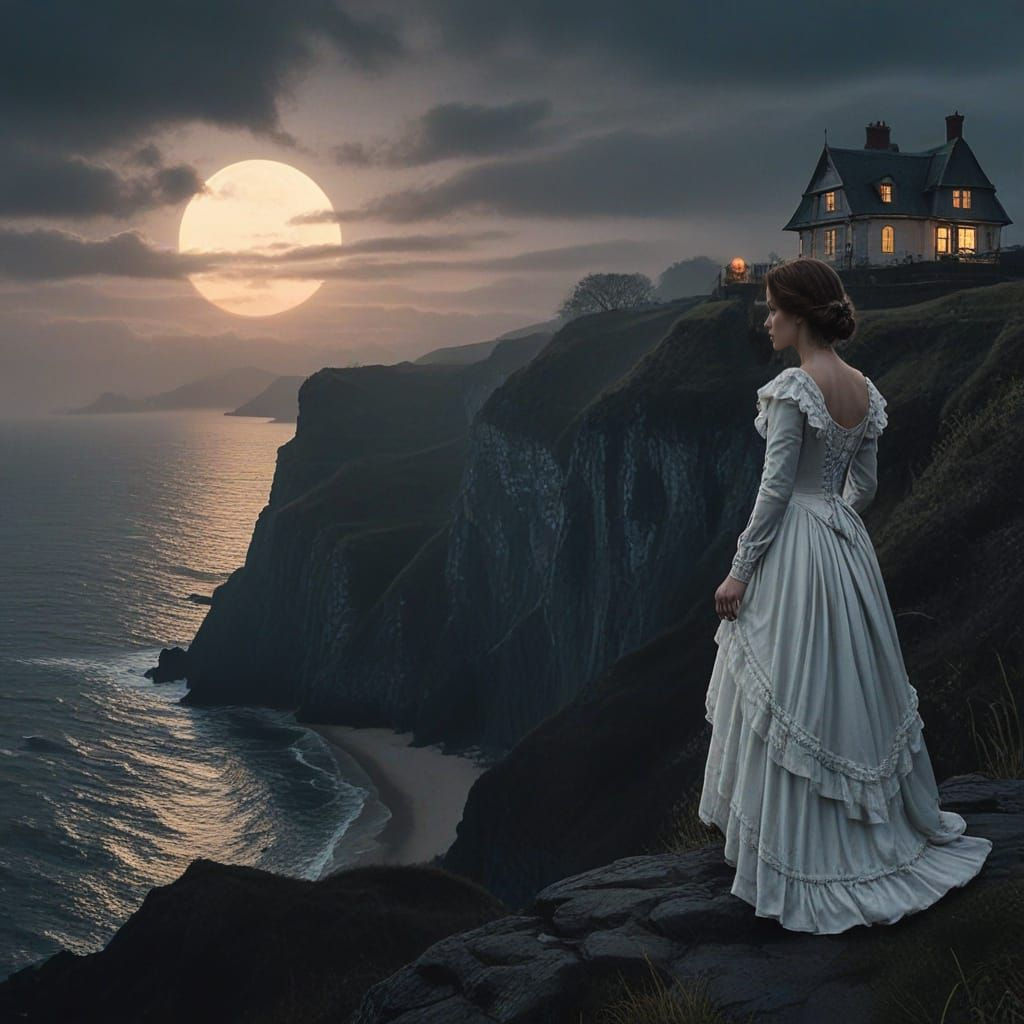 Victorian Woman on a Misty, Moonlit Cliff