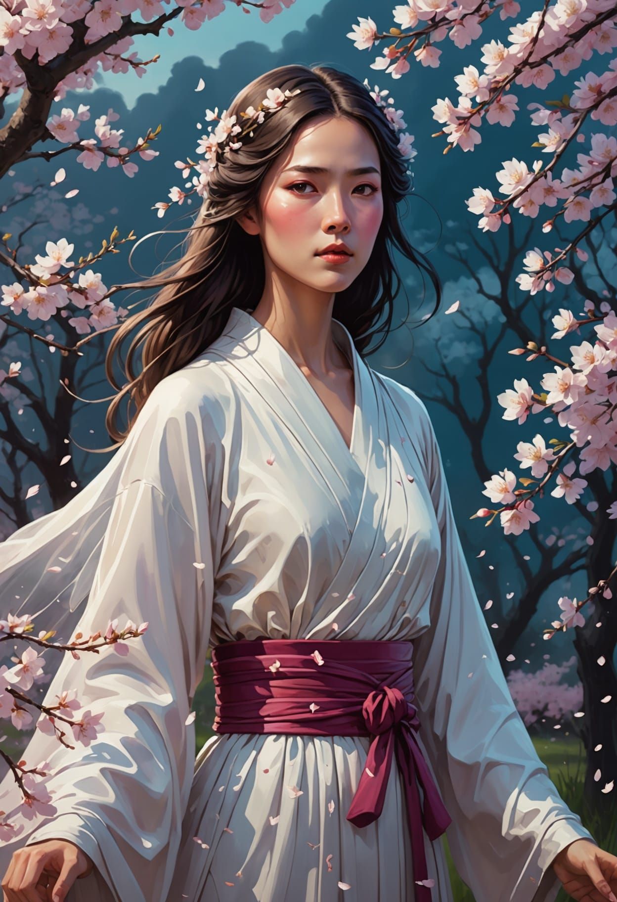 Ghostly Woman in Cherry Blossoms, Hyperrealistic Concept Art