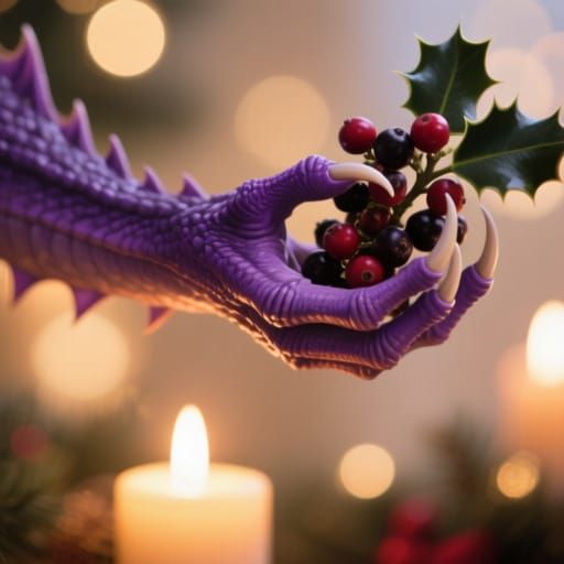 Purple Dragon Claw Holds Holly Berries in Candlelight