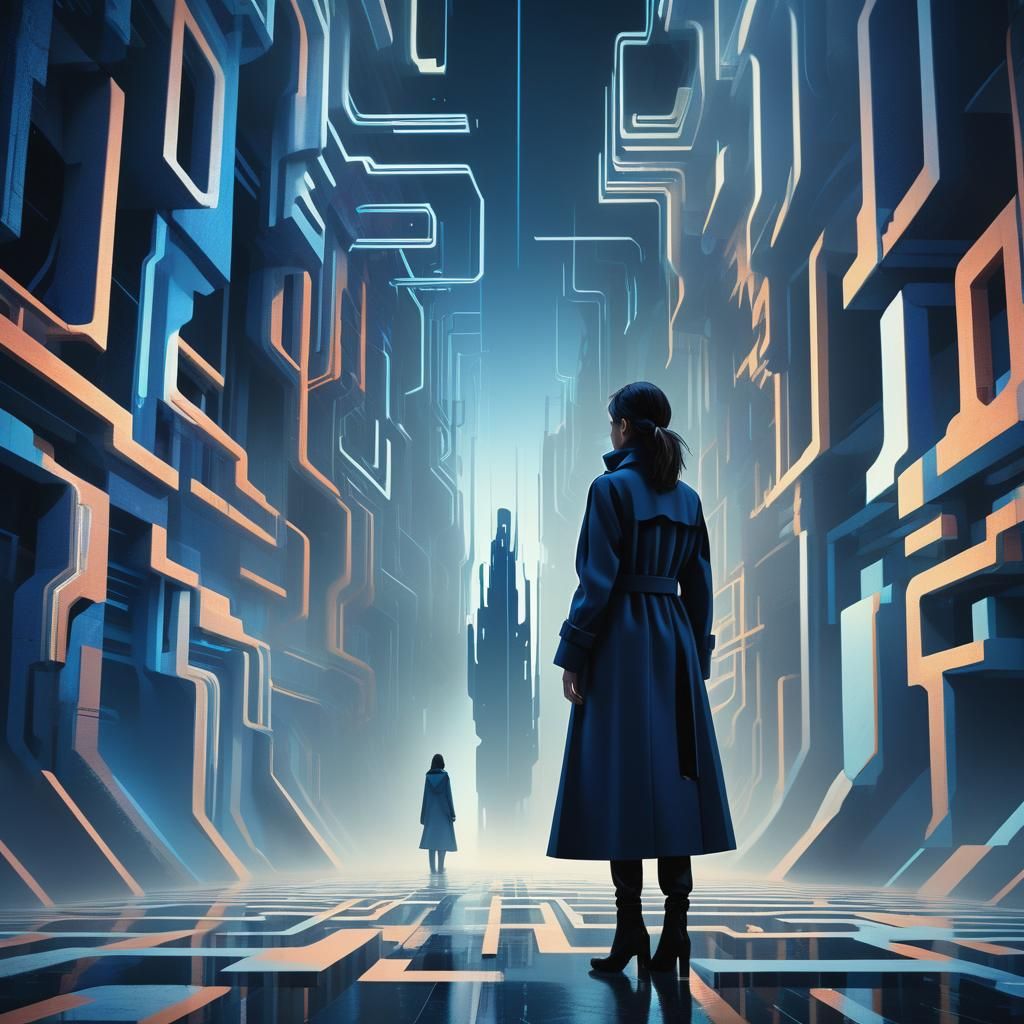 A Woman Stands at the Edge of a Futuristic Labyrinth in Dark...