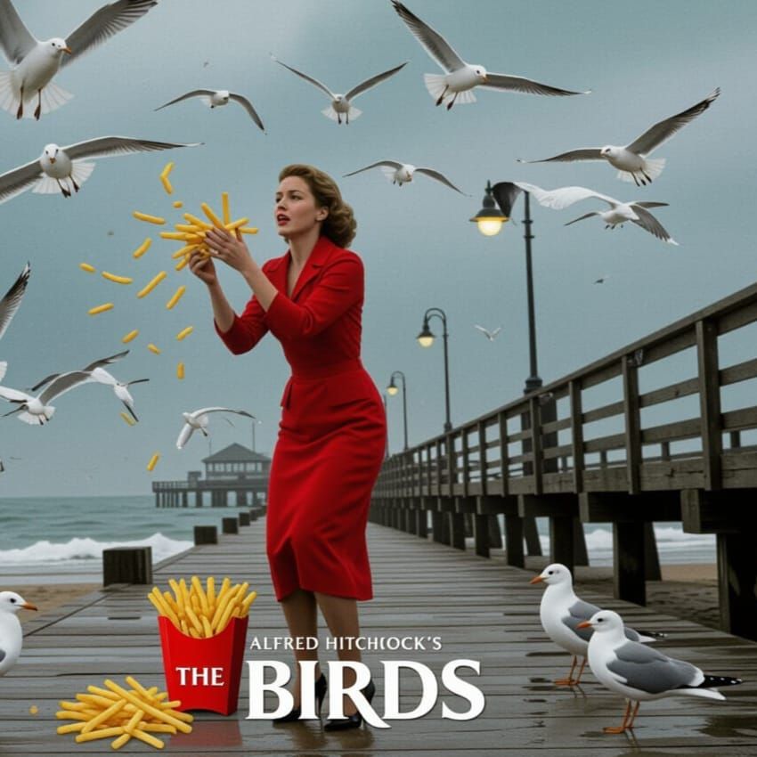 Woman Defends Fries From Seagulls on Beach Pier Poster