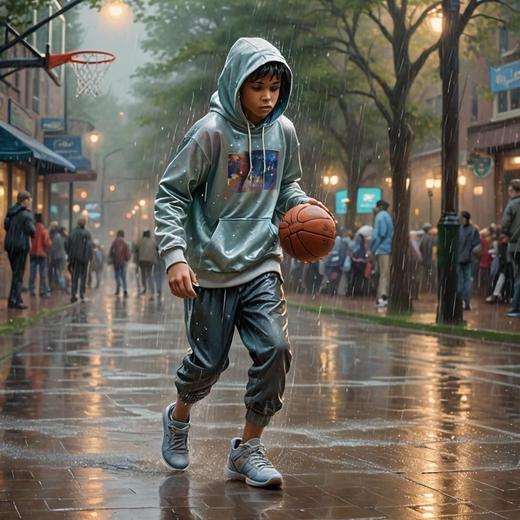 Mystical Young Basketball Player Shines in Rainy Night