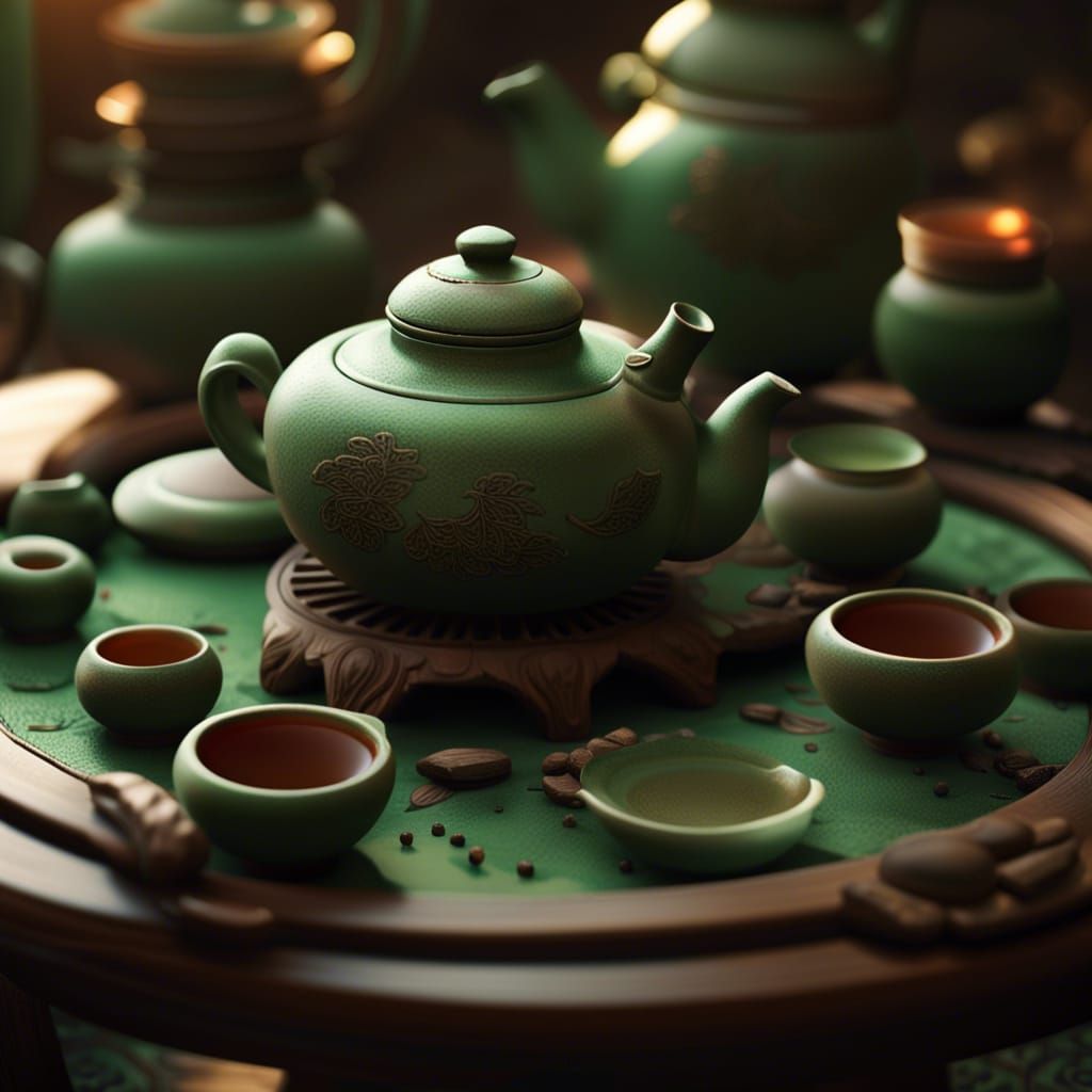 Chinese Tea Set on Ornate Round Table in Cinematic Style