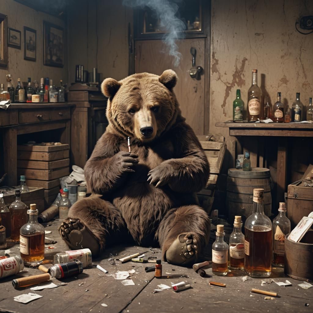 bear, smoking a cigarette, empty whiskey bottles around him