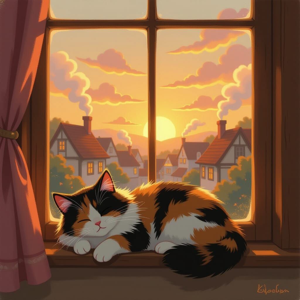 Calico Cat Bathed in Golden Sunset Light on Windowsill