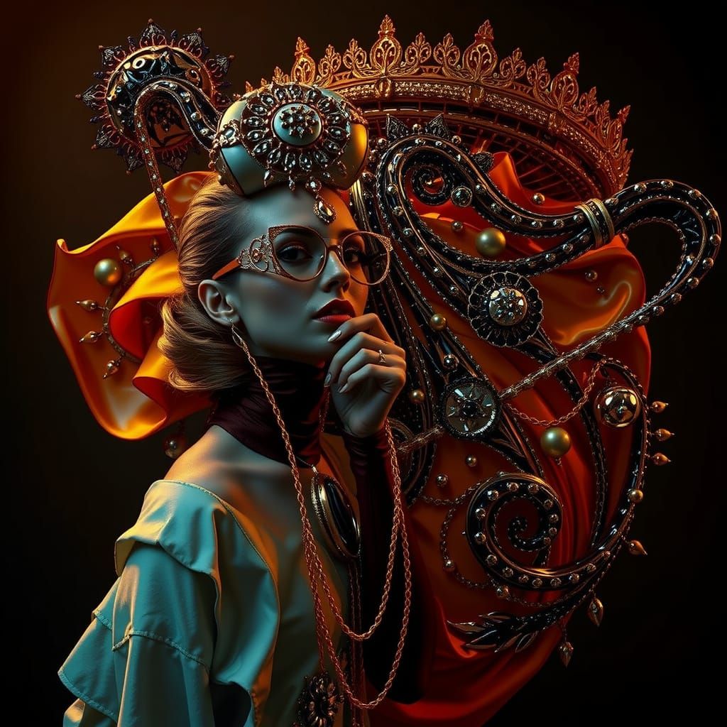 Elegant Woman in Luxurious Psychedelic Surrealist Scene