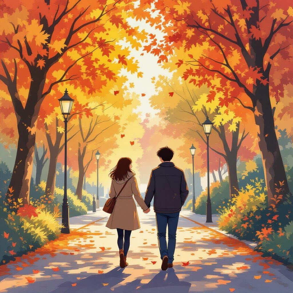 Couple Under Autumn Trees in Anime Style