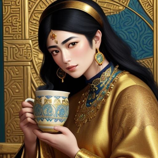Opulent Arab Woman Serving Coffee as Klimt Painting