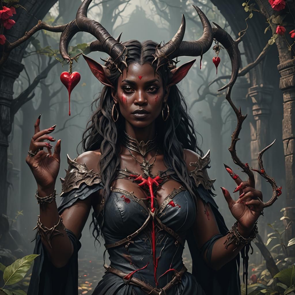 Dark Goddess with Horns and Heart in Hands