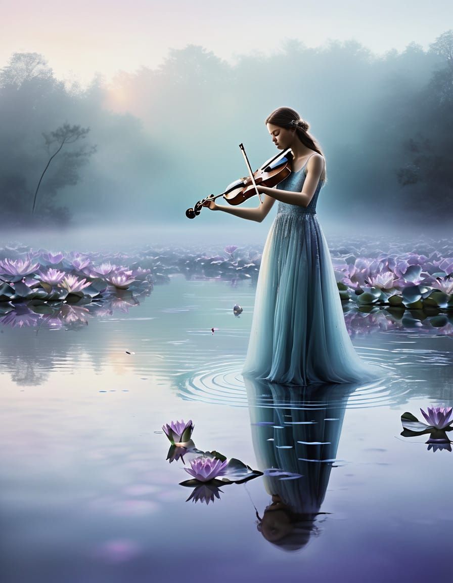 Ethereal Violinist Refracting Opalescent Light in a Dreamlik...