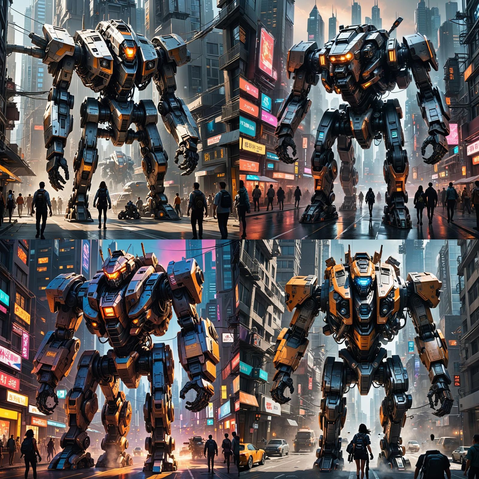 Gigantic Cyberpunk Mech Dominates Futuristic Cityscape