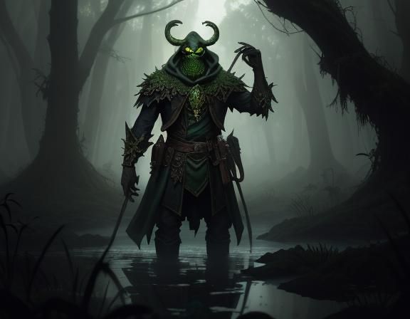 Dark Fantasy Concept Art of a Bullywug in a Haunted Swamp