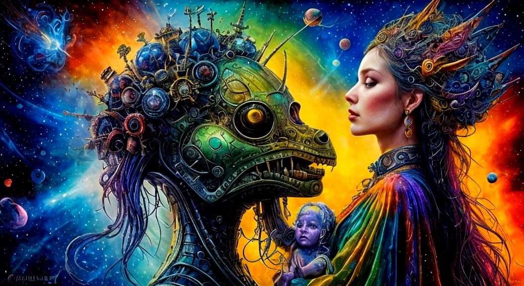 Ethereal Alien Motherhood in Vibrant Space Kingdom