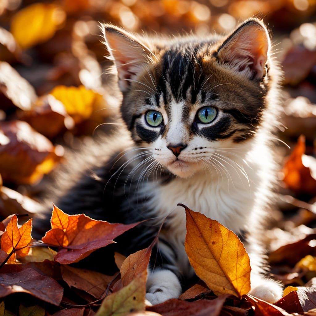 Adorable Kitten Among Autumn Leaves, Professional Portrait