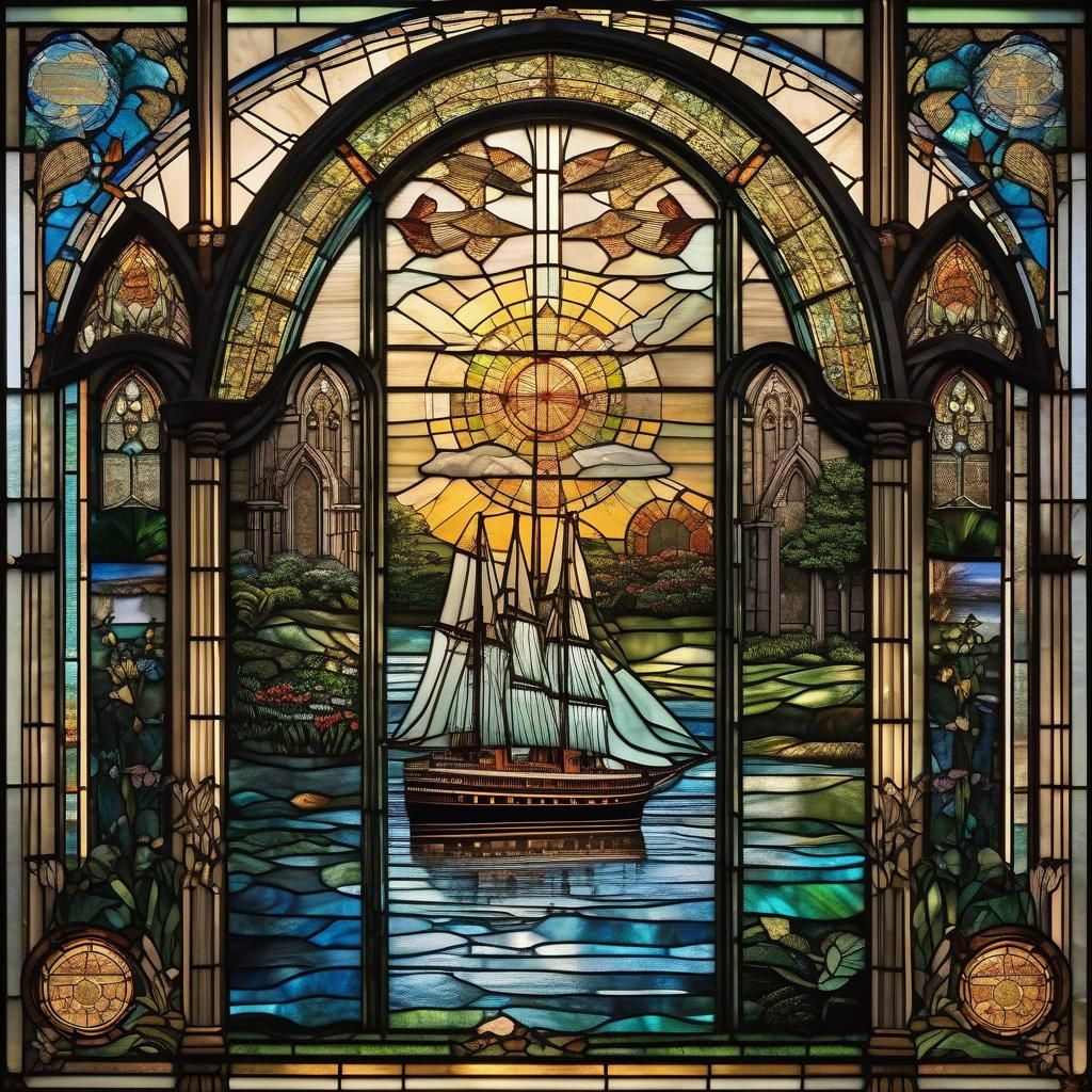 Surreal Stained Glass Masterpiece in Art Deco Style