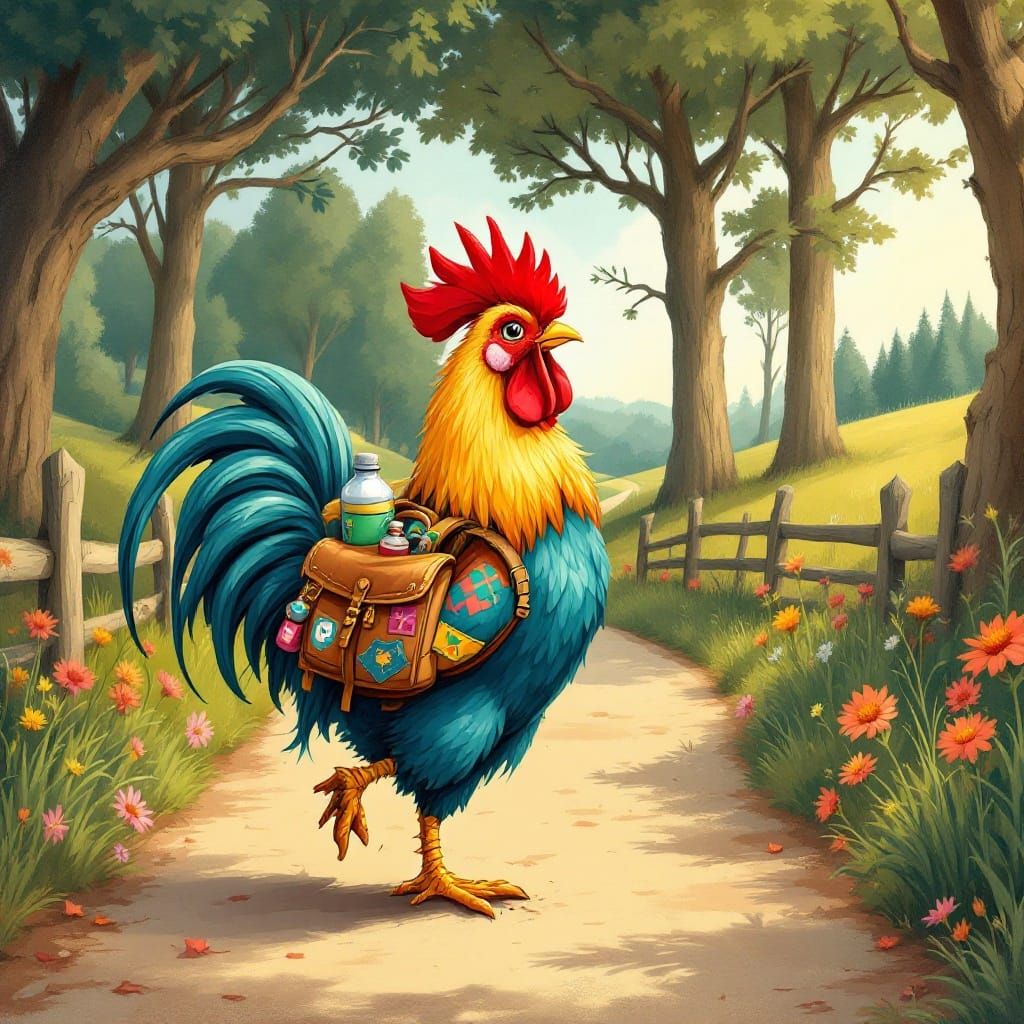 Whimsical Rooster Embarks on a Sunny Countryside Adventure