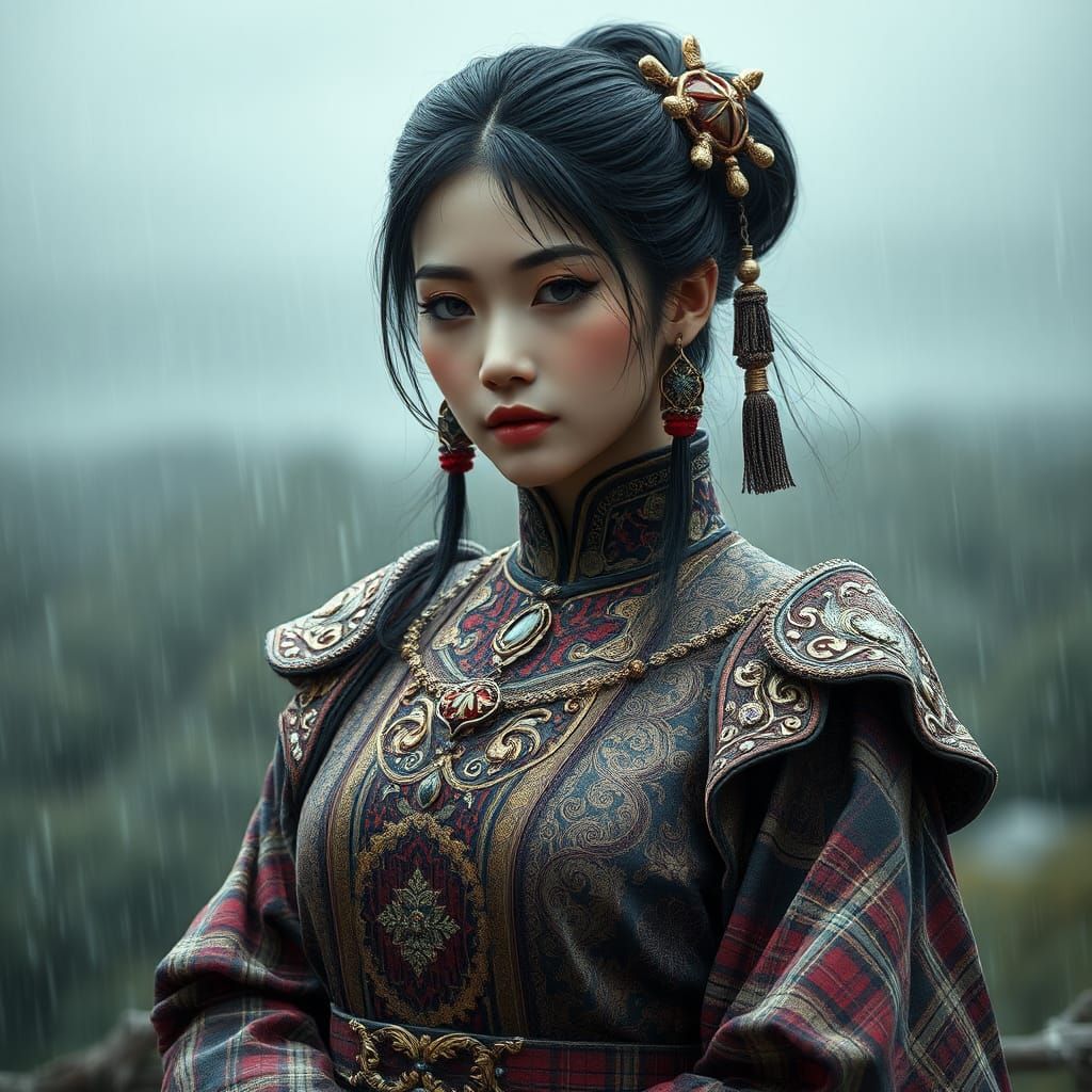 Elegant Necromancer in Plaid Traditional Attire