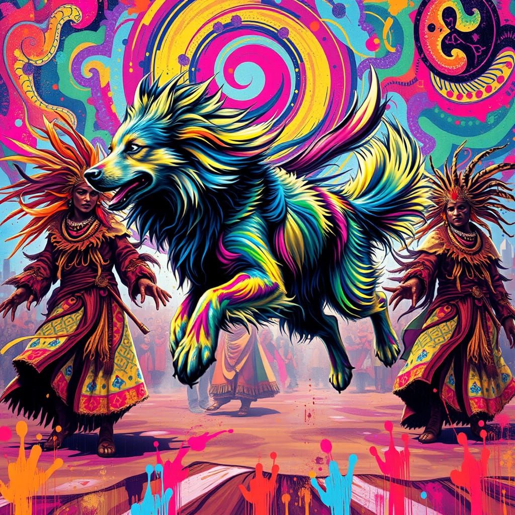 Electric Shamanic Dog Dances in Vibrant Festival Scene
