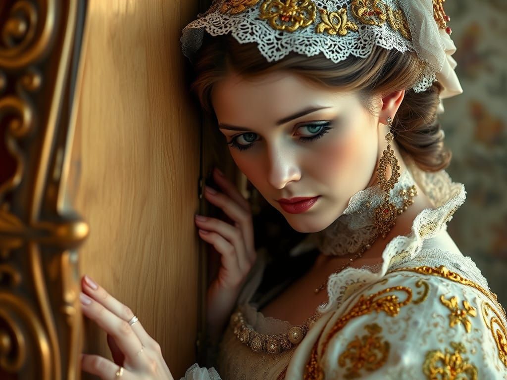 Elegant Lady in Ornate Gown Discovers Hidden Treasure