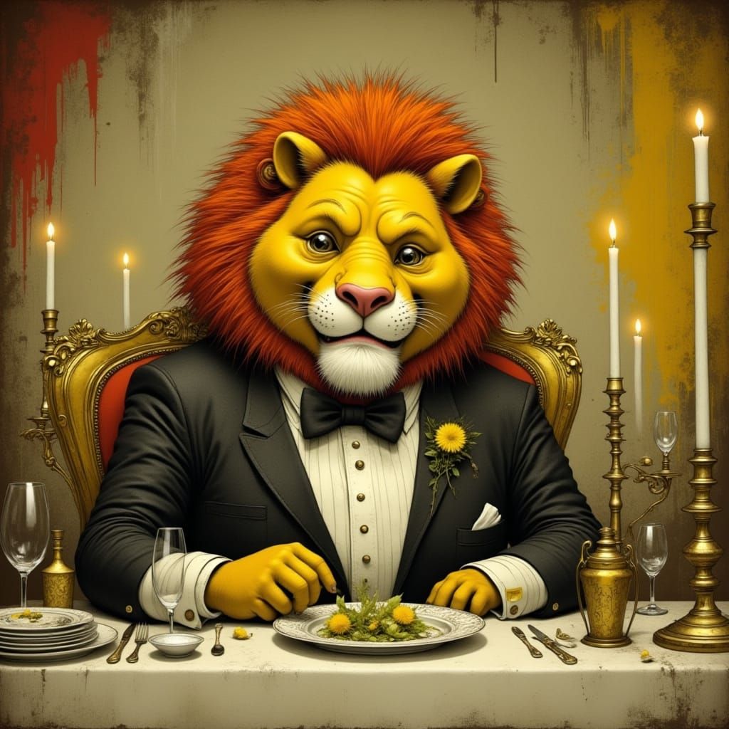 Obese Lion Enjoys Dandelion Salad in Fine Dining Restaurant