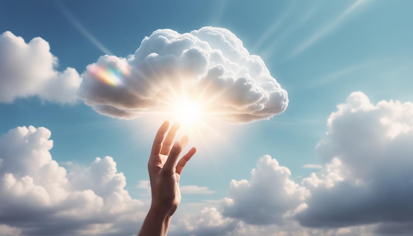 Glowing Hand Breaks Through Vibrant Clouds in Hyperrealistic...