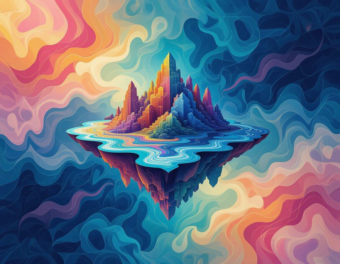 Abstract Geometric Floating Island in Swirling Colors