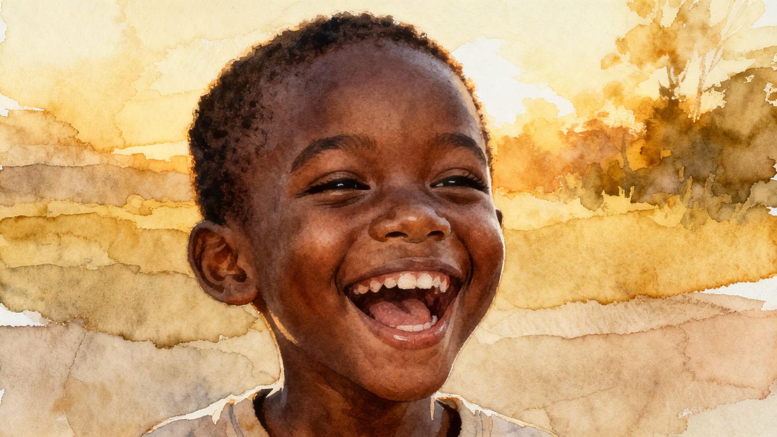 Black Kid Laughing Out Loud In Warm Watercolour Style