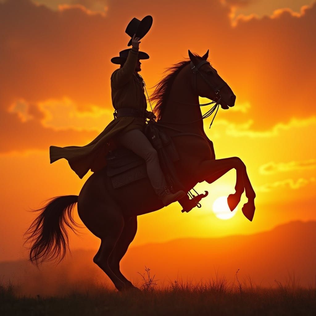 Majestic Cowboy Rides into Sunset, Silhouetted Against a Bur...