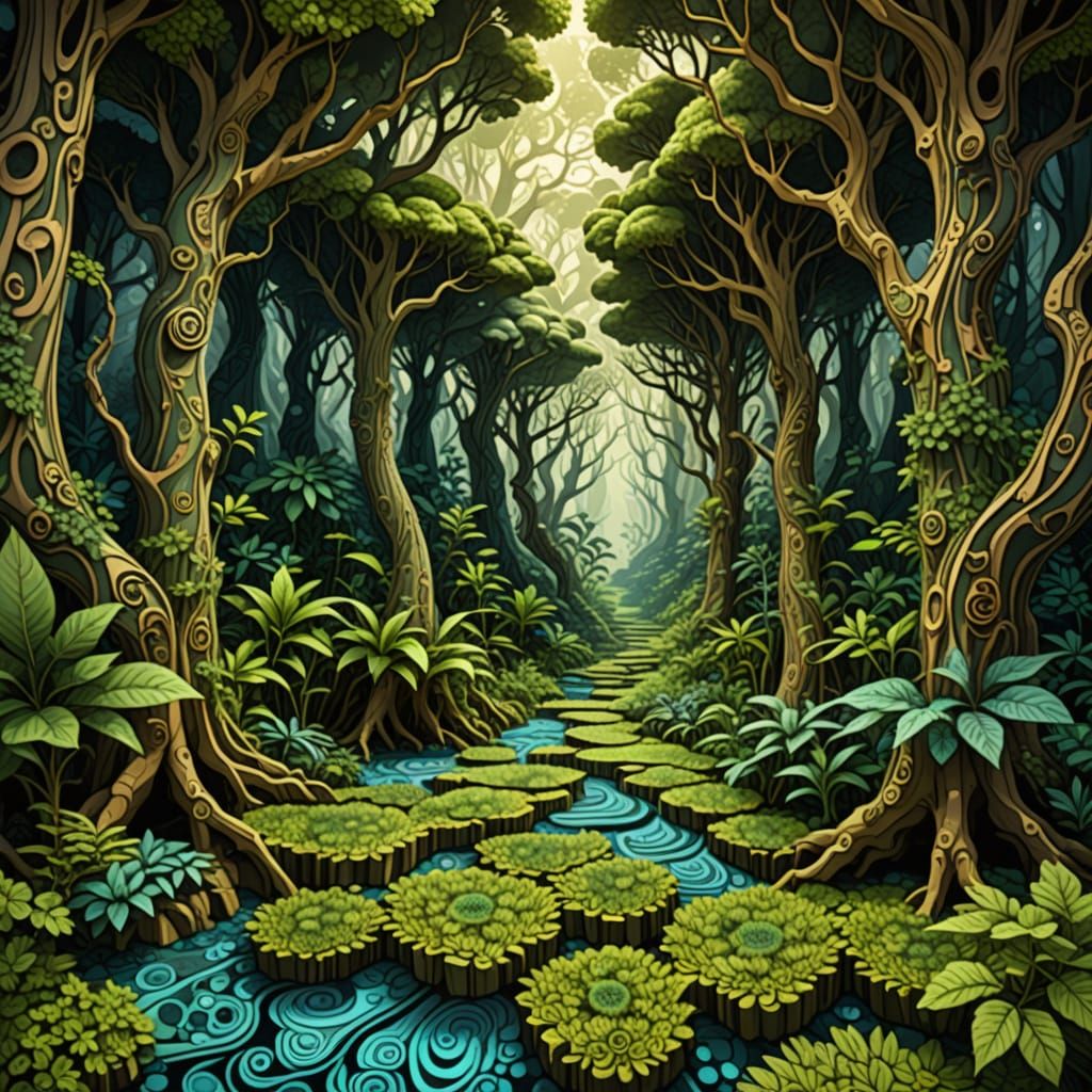 Healing Grove with Medicinal Plants in Fractal Style