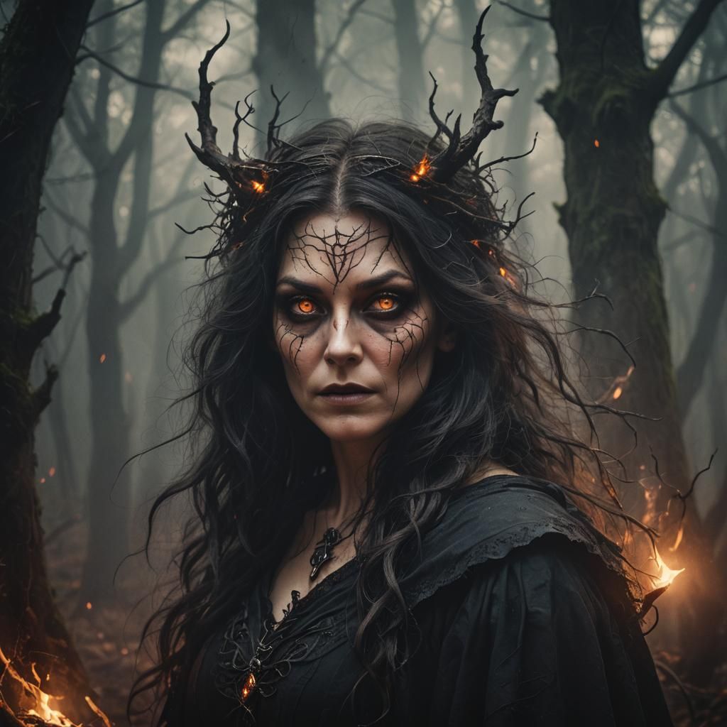 The witch emerges, her hollow eyes glowing with unnatural po...