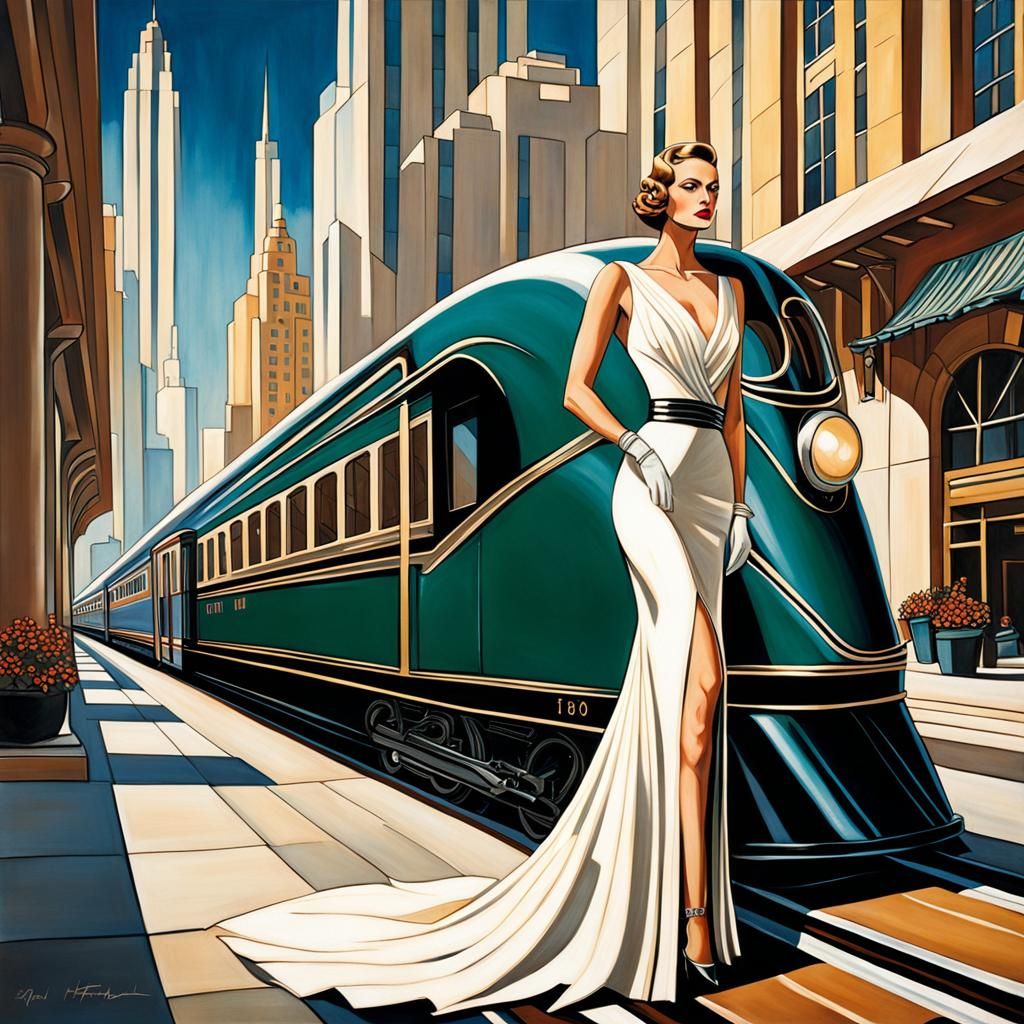 Streamlined Art Deco Train Whisks Through City with Elegant....