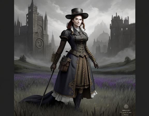 Steampunk Lady in Whimsical Beatrix Potter-Inspired Black an...