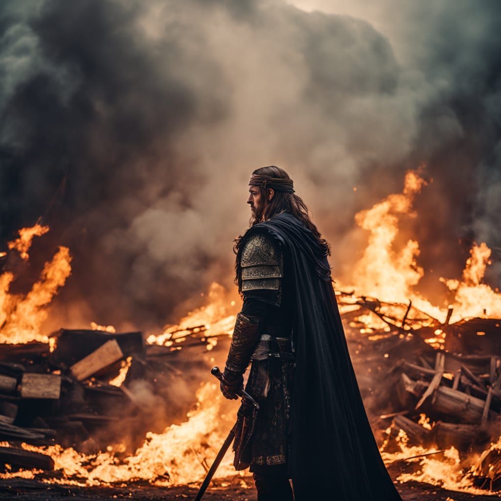 Warrior Defies Blazing Chaos in Cinematic Film Still