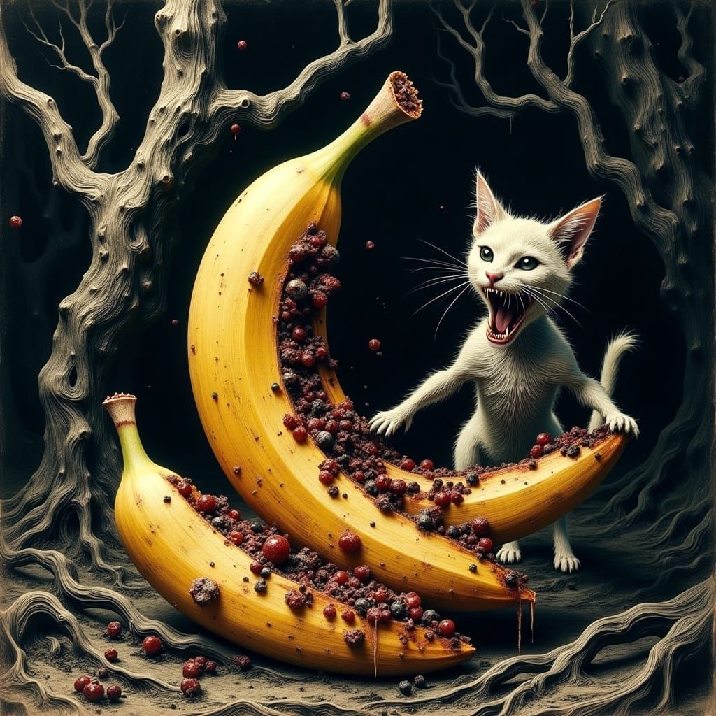 Morbid Banana Dog Devours Taco Cat in Eerie Landscape