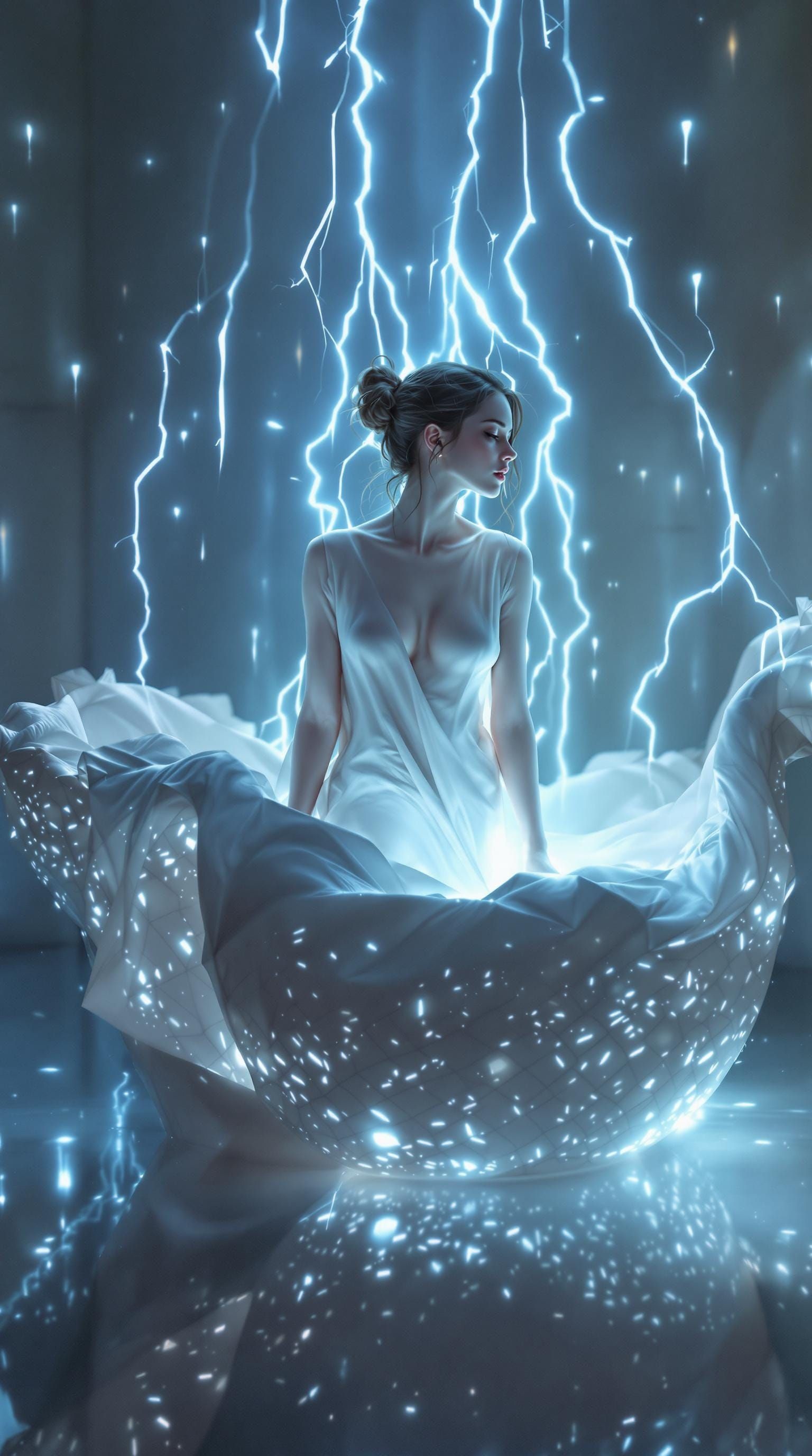Serene Goddess in Thunderous Bath, in Dreamlike Cyberpunk St...