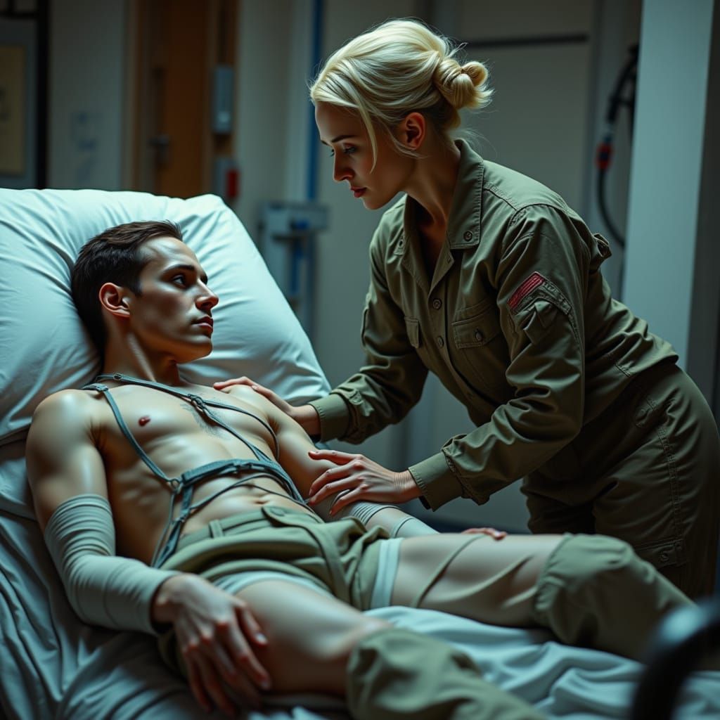 Cybernetic Nurse Tending to Wounded Soldier