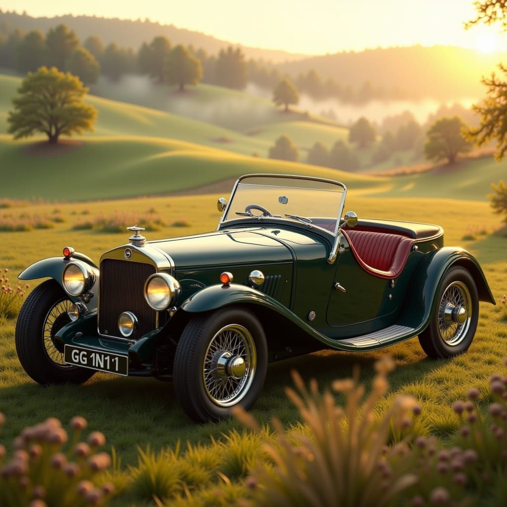Vintage Car in English Countryside: Hyperrealistic Digital A...