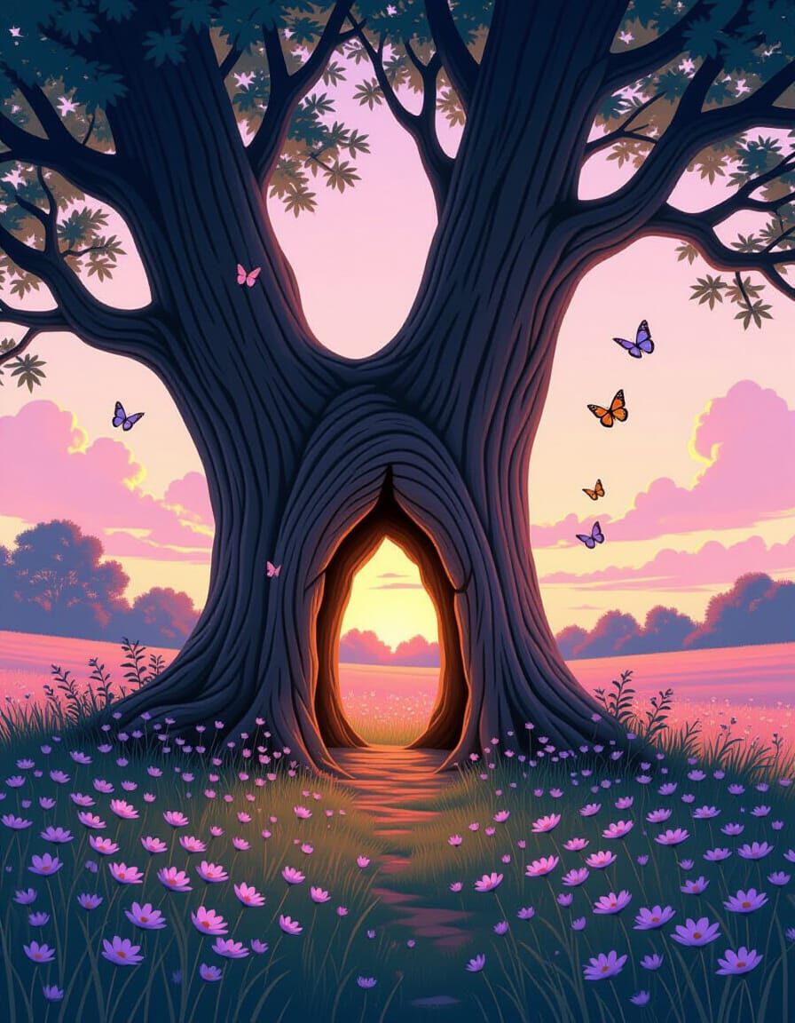 Ancient Hollow Tree in Ethereal Meadow at Dawn