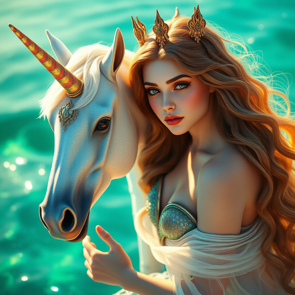 Majestic Mermaid and Unicorn in Regal Portrait